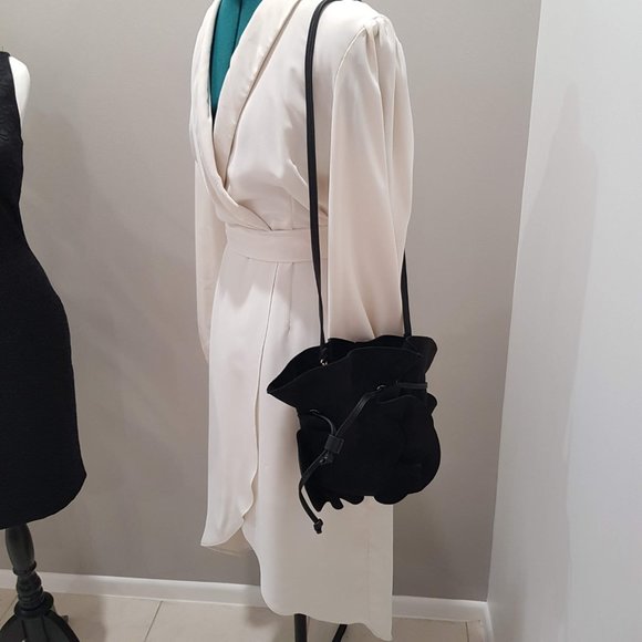 SEED Black Suede Like Ruffled Drawstring Bucket Bag - Picture 2 of 11